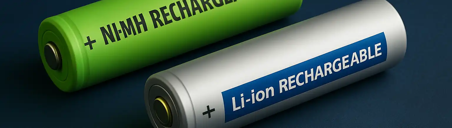 Beberapa baterai cas Ni-MH AA dan AAA sedang diisi daya dalam sebuah charger.